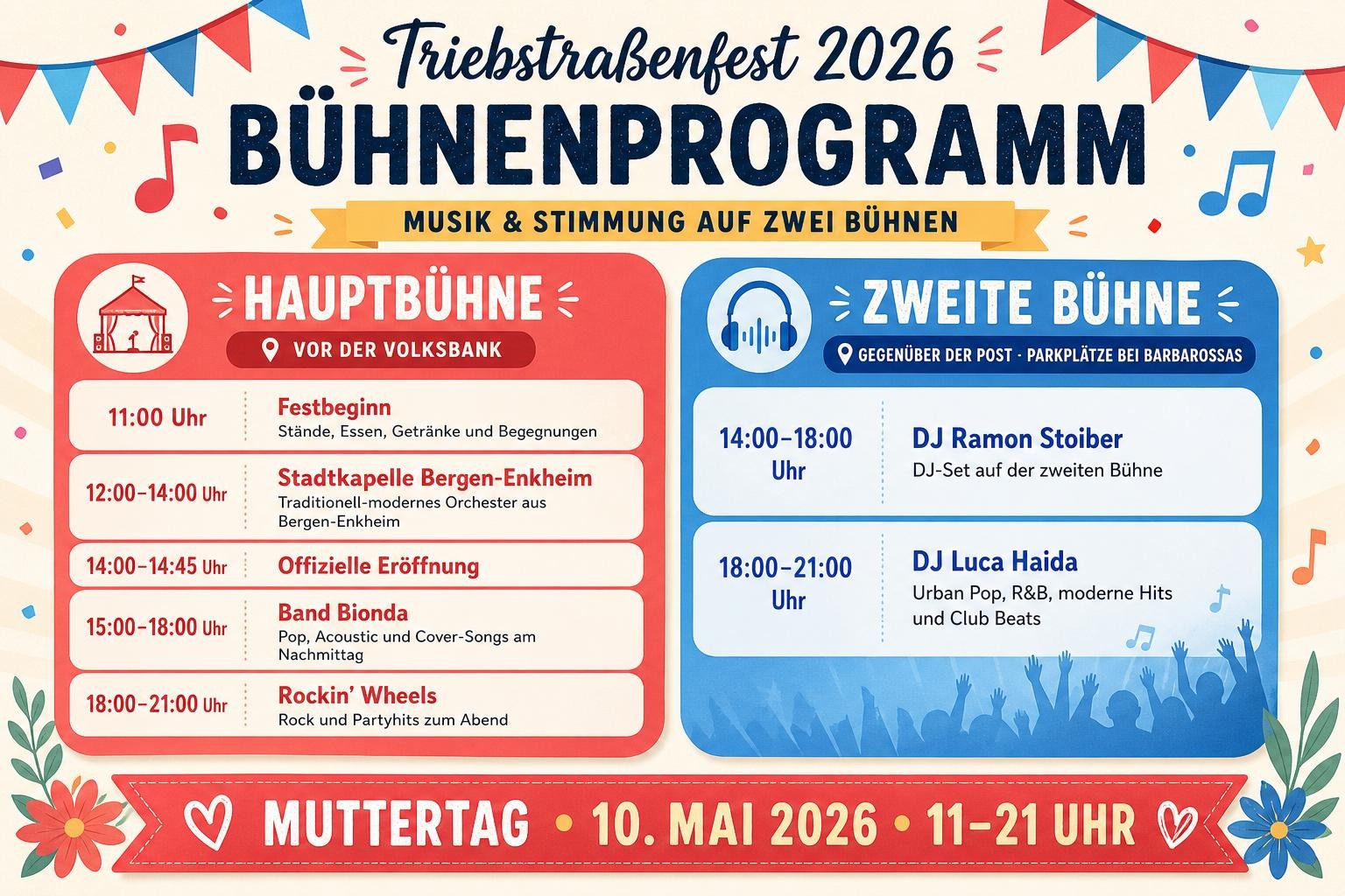 Offizielles Bühnenprogramm zum Triebstraßenfest 2026 mit Hauptbühne und zweiter Bühne